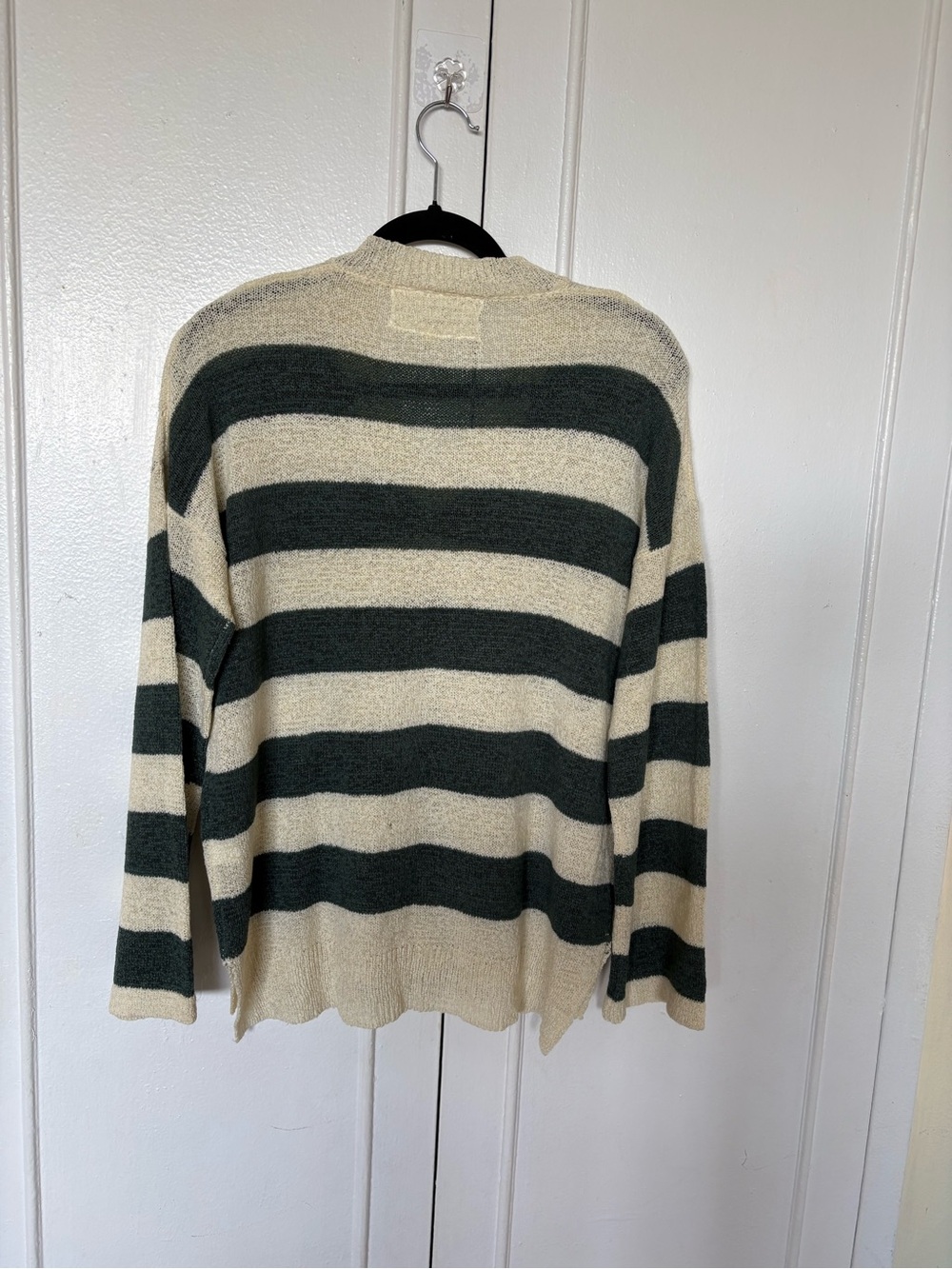 Striped V-Neck Men's Sweater in Cream and Dark Green - Picture 2 of 14